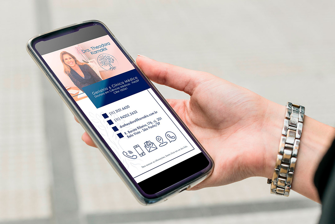 design-criacao-visual-cartao-digital Imagem demonstrativa do cartão digital desenvolvido para o Dra. Theodora Karnakis.